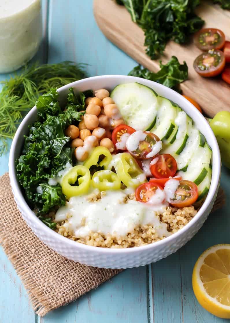 Gluten-free and Vegan Greek Power Bowl with a simple Tzatziki Dressing