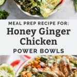 meal prep honey ginger chicken power bowl with veggies, freekeh and lettuce greens packed in a bowl and topped with creamy lime dressing