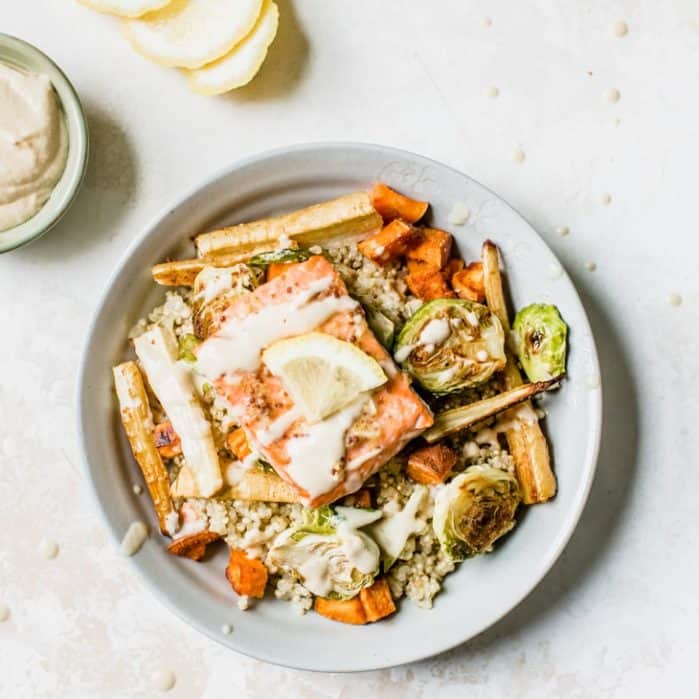 Salmon Grain Bowls {with lemon tahini dressing} • Fit Mitten Kitchen