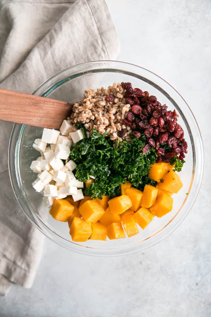 ingredients for butternut squash kale salad in bowl.