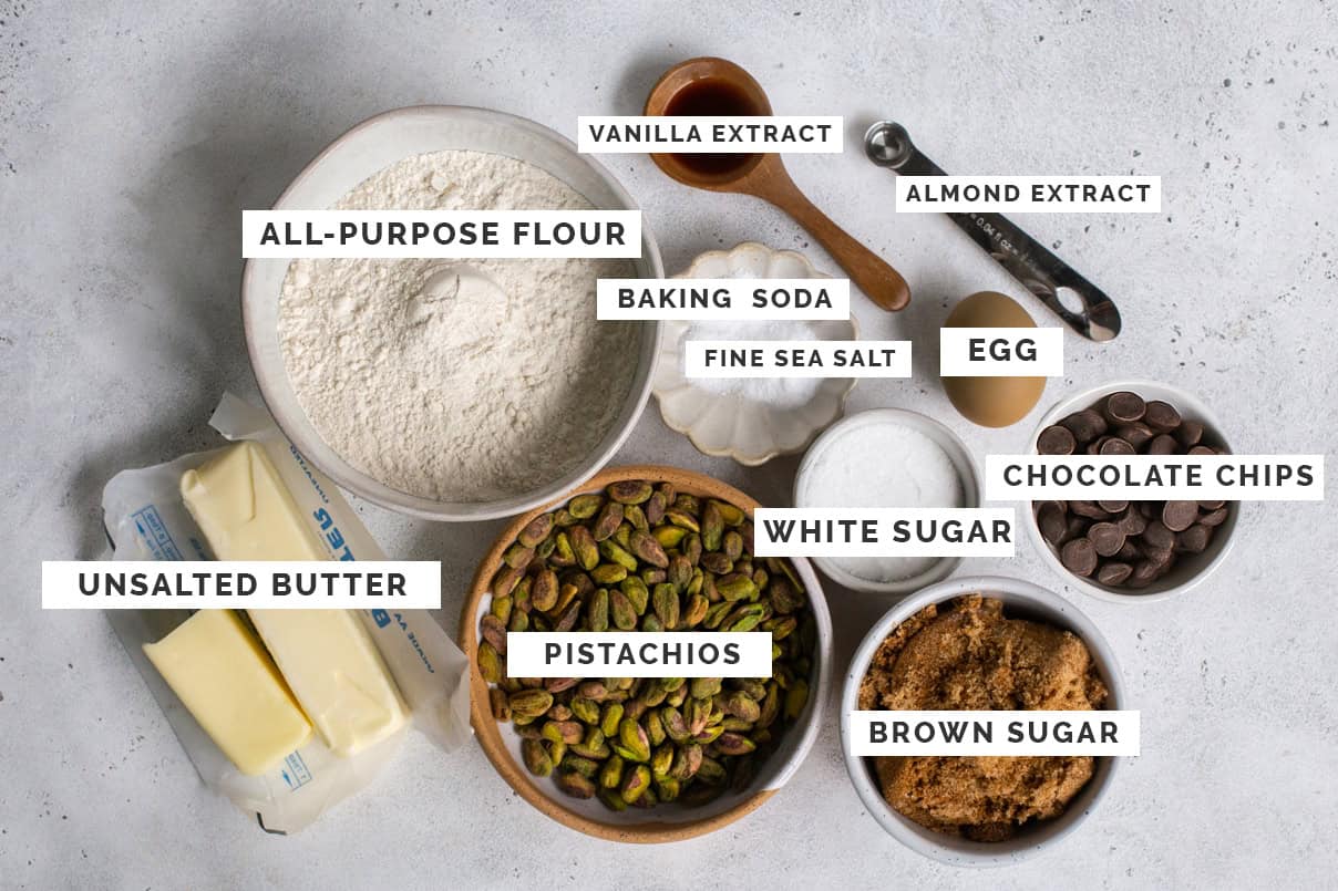 overhead of ingredients measured out on board with text labels over top.