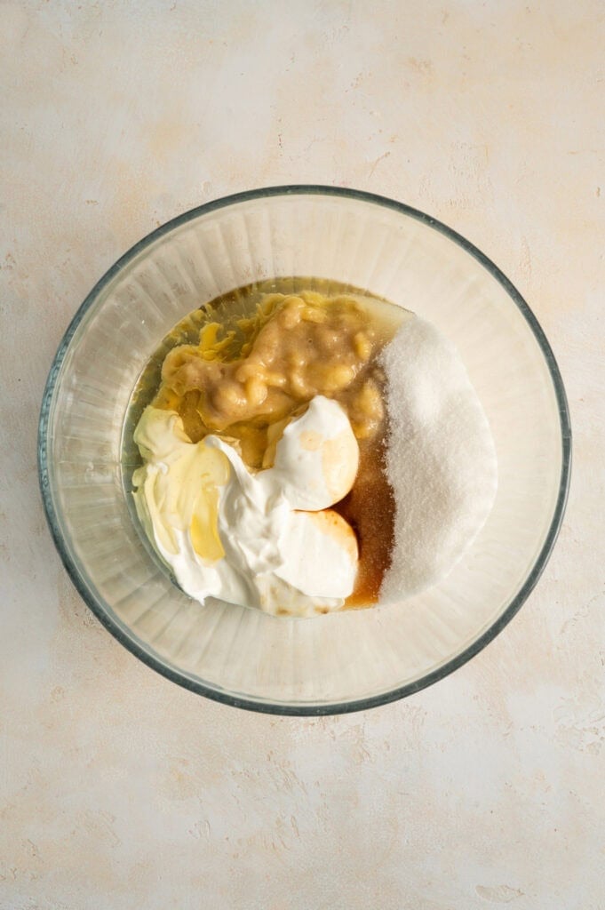 wet ingredients in glass bowl.