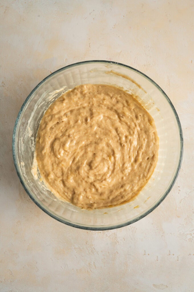 banana bread batter in bowl.