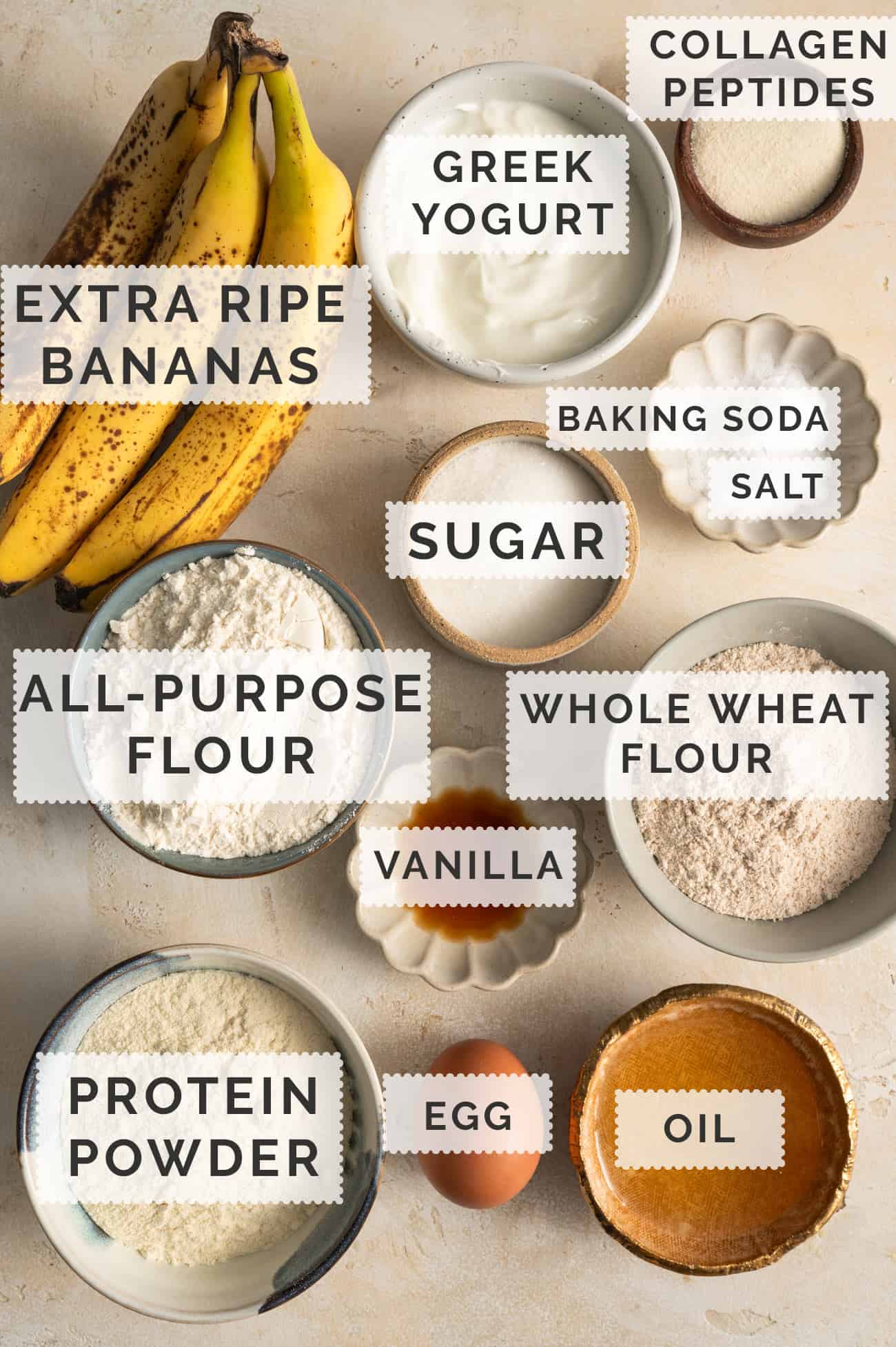 banana bread ingredients measured out in bowls on a board with text overtop