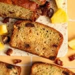 overhead view of zucchini bread with pineapple.