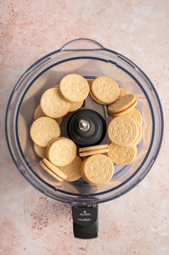 vanilla creme sandwich cookies in food processor bowl.