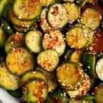 close up of spicy cucumber salad.
