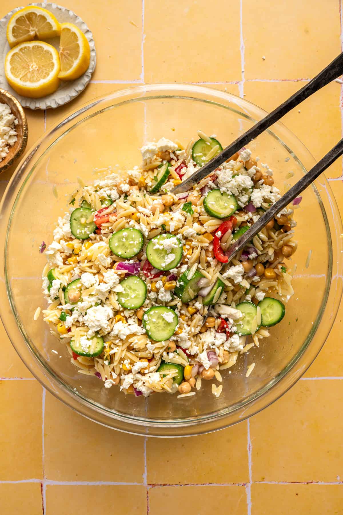 salad serves in bowl of summer pasta salad.