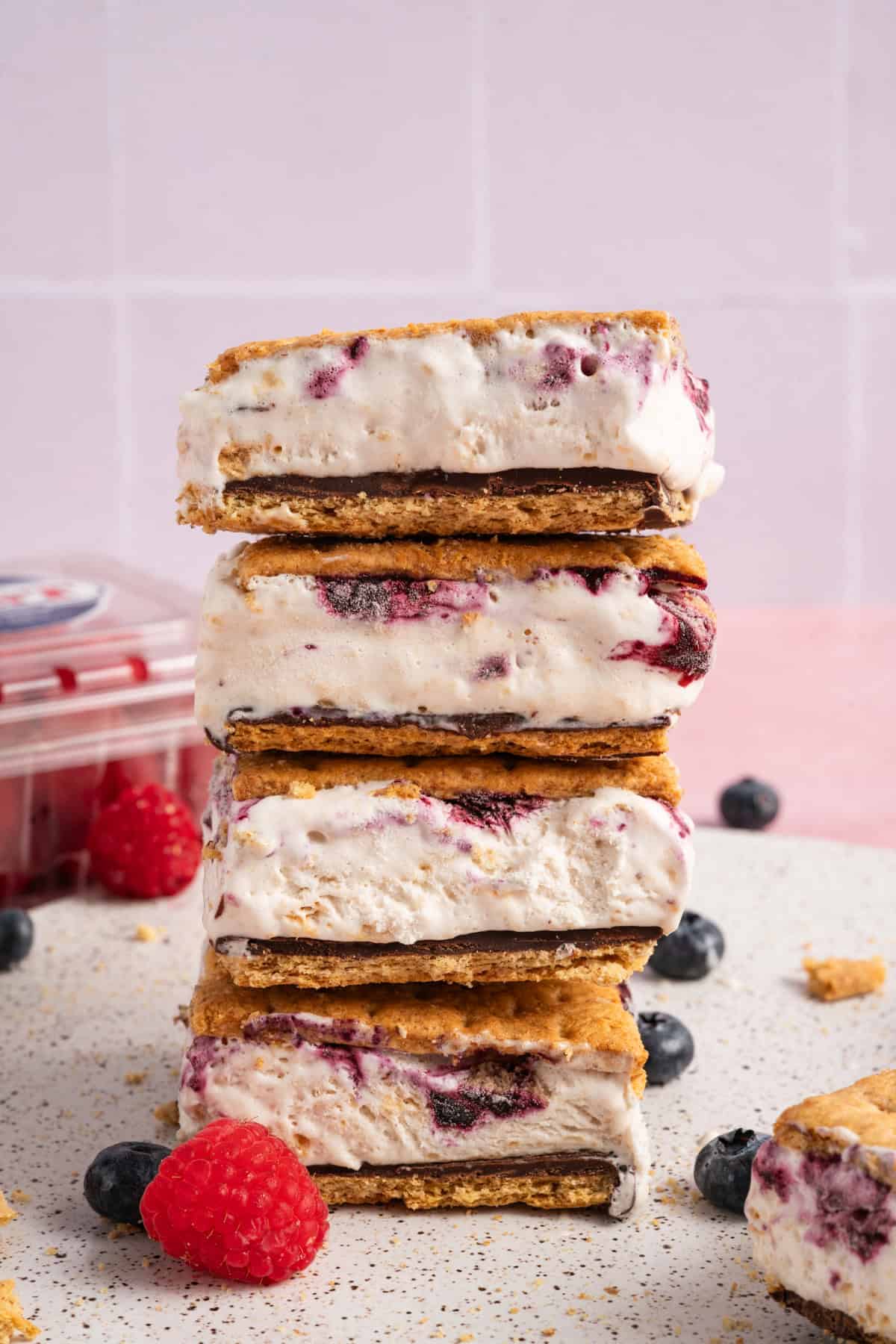 4 stacked frozen smores bars.